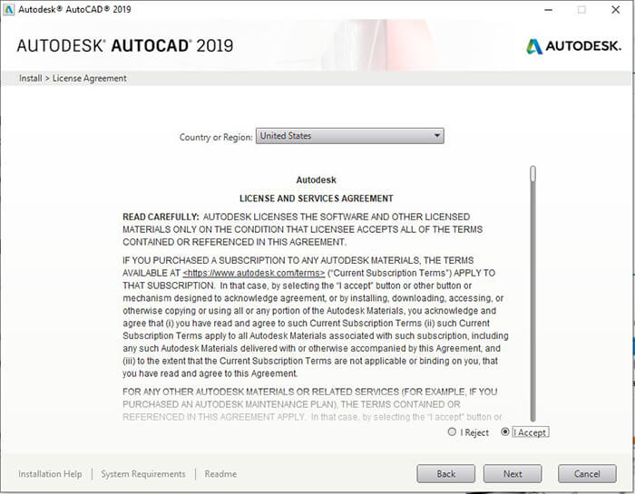 chấp thuận điều khoản của autocad 2019