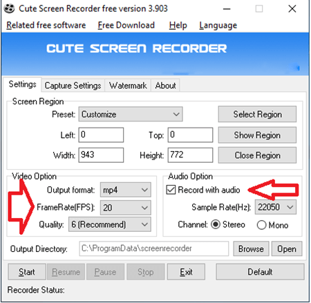 hướng dẫn sử dụng giao diện Cute Screen Recorder Free