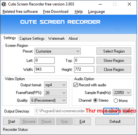 hướng dẫn sử dụng giao diện Cute Screen Recorder Free
